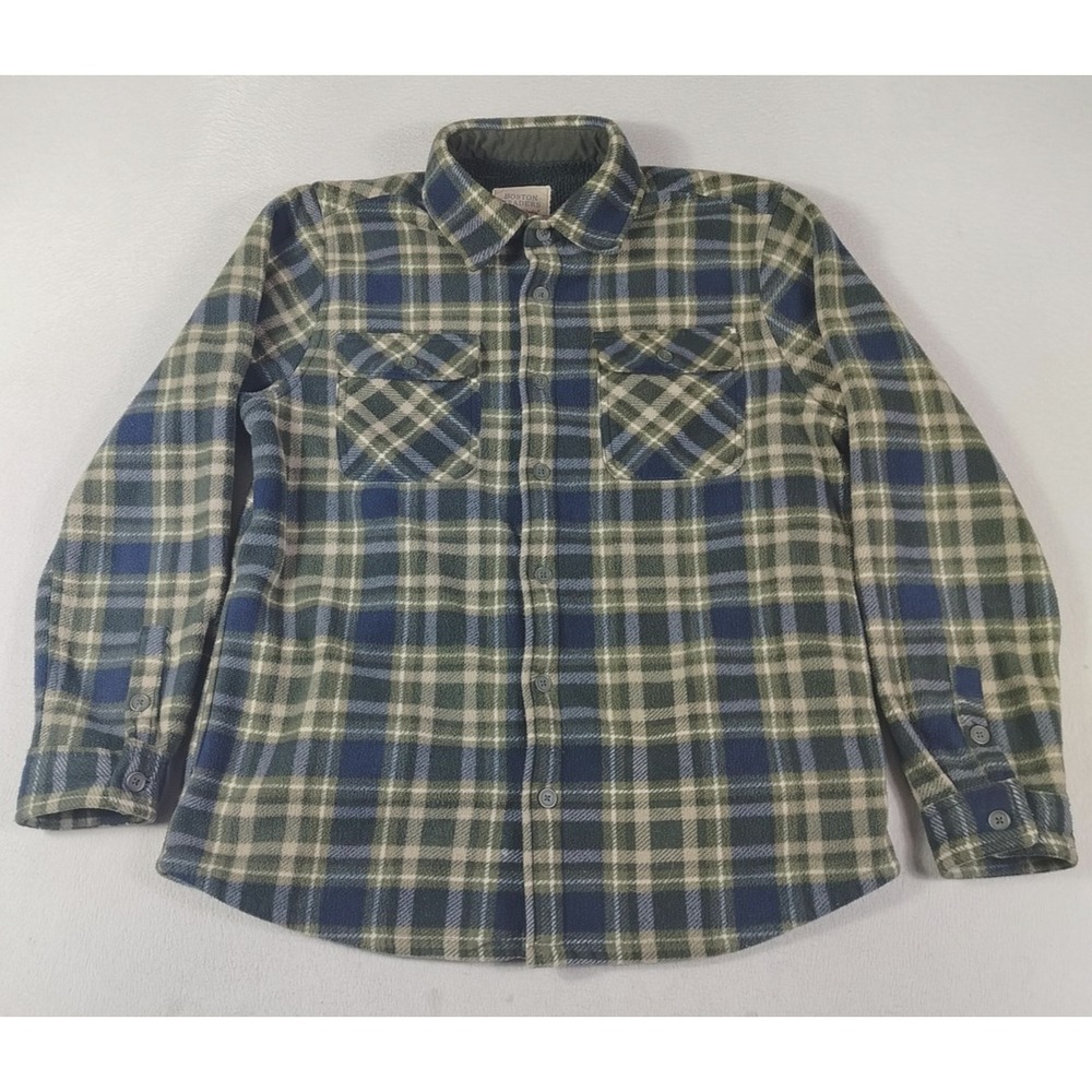 Boston Traders Jacket Mens Large Green Blue Plaid Fleece Sherpa Lined Shacket
